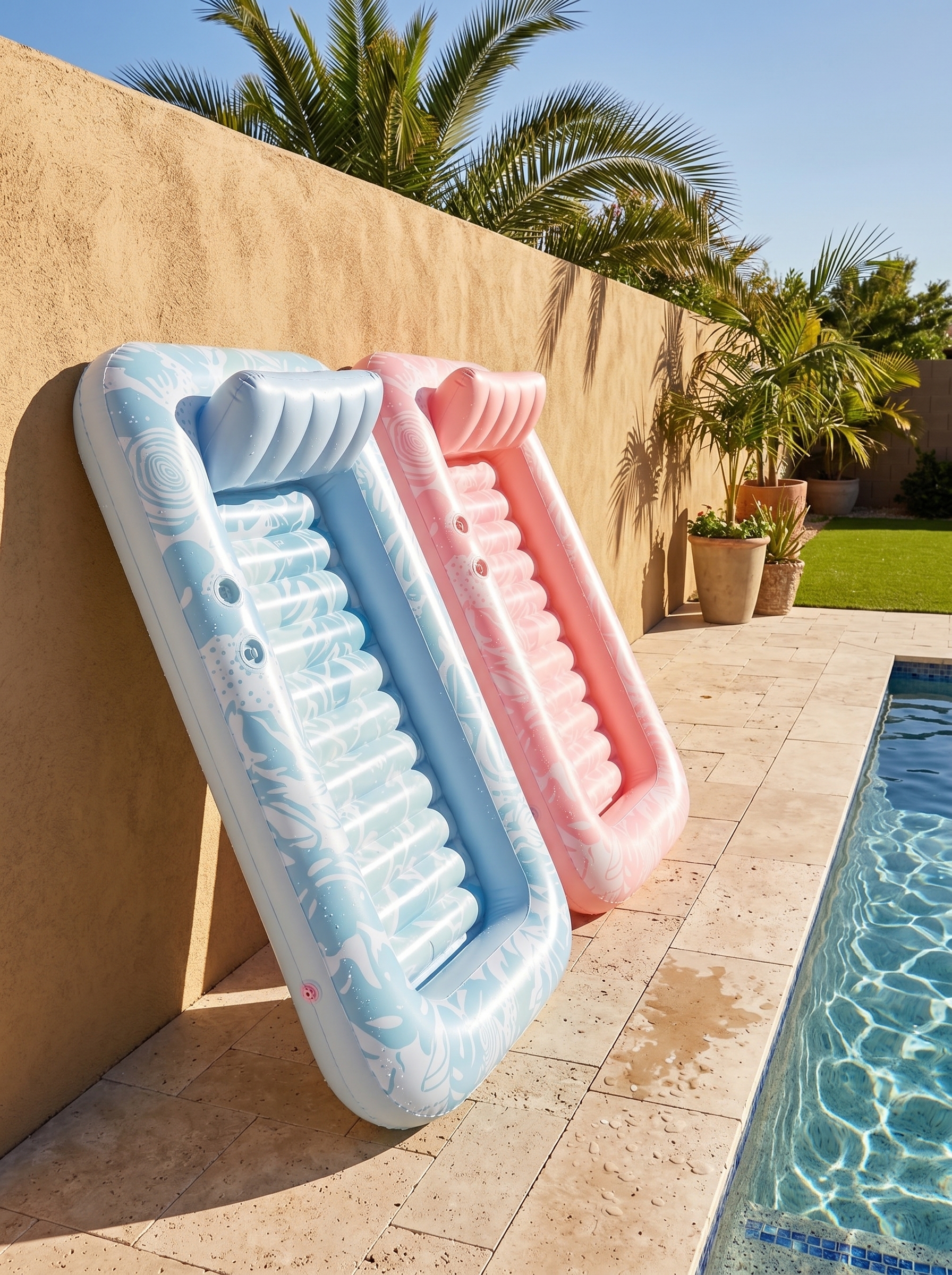 TanZone Float — colchonetas azul y rosa junto a la piscina